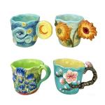 FORLONG 4-Piece 3D Hand-Painted Ceramic Espresso Coffee Mug Set, Novelty Floral & Art Design Tea Cups, Iris, Starry Night, Sunflower, Cherry Blossom Decorative Mugs for Home Kitchen, Gift for Women