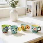FORLONG 4-Piece 3D Hand-Painted Ceramic Espresso Coffee Mug Set, Novelty Floral & Art Design Tea Cups, Iris, Starry Night, Sunflower, Cherry Blossom Decorative Mugs for Home Kitchen, Gift for Women