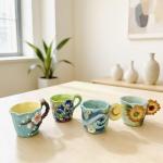 FORLONG 4-Piece 3D Hand-Painted Ceramic Espresso Coffee Mug Set, Novelty Floral & Art Design Tea Cups, Iris, Starry Night, Sunflower, Cherry Blossom Decorative Mugs for Home Kitchen, Gift for Women