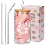 Personalized Gifts for Women, Monogrammed Glass Cups with Lids and Straws, Customized Gifts for Women, Cute Design Initial Iced Coffee glasses, Custom Letter Mug, Birthday Bridesmaid,G