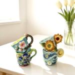 FORLONG 4-Piece 3D Hand-Painted Ceramic Espresso Coffee Mug Set, Novelty Floral & Art Design Tea Cups, Iris, Starry Night, Sunflower, Cherry Blossom Decorative Mugs for Home Kitchen, Gift for Women
