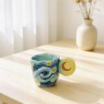 FORLONG 4-Piece 3D Hand-Painted Ceramic Espresso Coffee Mug Set, Novelty Floral & Art Design Tea Cups, Iris, Starry Night, Sunflower, Cherry Blossom Decorative Mugs for Home Kitchen, Gift for Women