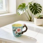 FORLONG 4-Piece 3D Hand-Painted Ceramic Espresso Coffee Mug Set, Novelty Floral & Art Design Tea Cups, Iris, Starry Night, Sunflower, Cherry Blossom Decorative Mugs for Home Kitchen, Gift for Women