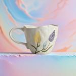 STAWGRNY Handmade Ceramic Coffee Mug 6.5 oz Small Coffee Mug Cute Floral Mug Tea Cup Espresso Mug Aesthetic Mug Cute Coffee Cup Gift for Women (Yellow and Purple Flowers)