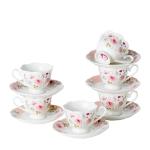 PRECITIME Porcelain Demitasse Set of 6 (12-Piece) - 2.5oz Espresso Cups & Saucers with Romantic Pink Floral Pattern, Dishwasher & Microwave Safe