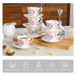 PRECITIME Porcelain Demitasse Set of 6 (12-Piece) - 2.5oz Espresso Cups & Saucers with Romantic Pink Floral Pattern, Dishwasher & Microwave Safe