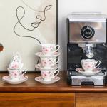 PRECITIME Porcelain Demitasse Set of 6 (12-Piece) - 2.5oz Espresso Cups & Saucers with Romantic Pink Floral Pattern, Dishwasher & Microwave Safe