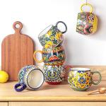 Henten Home Ceramic Coffee Mug Set of 6, 20 oz Colorful Coffee Cup with Handle, Boho Porcelian Mug for Cappuccino, Latte, Tea, Hot Chocolate, Cocoa, Microwave & Dishwasher Safe