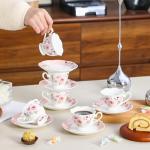 PRECITIME Porcelain Demitasse Set of 6 (12-Piece) - 2.5oz Espresso Cups & Saucers with Romantic Pink Floral Pattern, Dishwasher & Microwave Safe