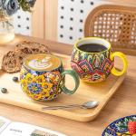 Henten Home Ceramic Coffee Mug Set of 6, 20 oz Colorful Coffee Cup with Handle, Boho Porcelian Mug for Cappuccino, Latte, Tea, Hot Chocolate, Cocoa, Microwave & Dishwasher Safe