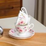 PRECITIME Porcelain Demitasse Set of 6 (12-Piece) - 2.5oz Espresso Cups & Saucers with Romantic Pink Floral Pattern, Dishwasher & Microwave Safe