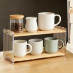 BeeCoAoo 2-Tier Coffee Station Organizer, Acrylic & Pine Wood Mug Holder for Coffee Bar & Matcha Station, Easy-to-Clean Countertop Shelf, Modern Minimalist Design
