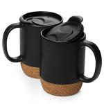 DOWAN Coffee Mugs Set of 2, 15 OZ Coffee Cup with Cork Bottom and Splash Proof Lid, Ceramic Mug Set with Large Handle for Men, Women, for Coffee Tea Latte, Matte Black