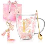 Personalized Gifts for Women Flower Double Wall Cute Novelty Monogrammed Glass Coffee Mug Tea Cup with Spoon Customized Wedding Favors Unique Christmas Birthday Gifts for Bride Wife Friends Sisters(L)