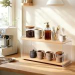BeeCoAoo 2-Tier Coffee Station Organizer, Acrylic & Pine Wood Mug Holder for Coffee Bar & Matcha Station, Easy-to-Clean Countertop Shelf, Modern Minimalist Design