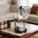 Evolkult Coffee Mug Tree, Coffee Cup Holder for Countertop with 6 Hooks, Tea Cup Holder with Small Storage Area Metal Mug Rack Display for Counter Top Kitchen Organizer,Black