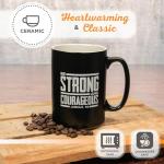 Christian Art Gifts Large Ceramic Inspirational Scripture Coffee & Tea Mug for Men: Strong & Courageous Bible Verse, Glossed Lion Non-toxic Lead-free Cup, Microwave/Dishwasher Safe, Black/Gray, 14 oz.