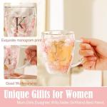 Personalized Gifts for Women Flower Double Wall Cute Novelty Monogrammed Glass Coffee Mug Tea Cup with Spoon Customized Wedding Favors Unique Christmas Birthday Gifts for Bride Wife Friends Sisters(L)