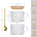 Vintage Glass Coffee Mugs Set of 2, Overnight Oats Cups with Spoons and Bamboo Lids, 14oz Clear Embossed Tea Cups Bamboo Tea Cups, Ideal Coffee Bar Accessories Hosewarming Gifts for Women