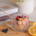 Vintage Glass Coffee Mugs Set of 2, Overnight Oats Cups with Spoons and Bamboo Lids, 14oz Clear Embossed Tea Cups Bamboo Tea Cups, Ideal Coffee Bar Accessories Hosewarming Gifts for Women