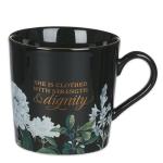 Christian Art Gifts Black Floral Ceramic Coffee Mug – 14 oz. Lead & Cadmium-free, Non-toxic Inspirational Scripture Coffee and Tea Mug for Women with Bible Verse: Strength & Dignity – Proverbs 31:25