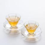 Zenation Elegant Petal-Shaped Glass Tea Cup and Saucer Set – 2-Piece Small Tasting Set, Delicate Flower Design for Refined Tea or Sake Enjoyment
