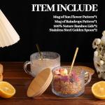 Vintage Glass Coffee Mugs Set of 2, Overnight Oats Cups with Spoons and Bamboo Lids, 14oz Clear Embossed Tea Cups Bamboo Tea Cups, Ideal Coffee Bar Accessories Hosewarming Gifts for Women