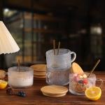 Vintage Glass Coffee Mugs Set of 2, Overnight Oats Cups with Spoons and Bamboo Lids, 14oz Clear Embossed Tea Cups Bamboo Tea Cups, Ideal Coffee Bar Accessories Hosewarming Gifts for Women