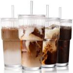 Iced Coffee Cups with Lids: Coffee Bar Accessories - Ribbed Glass Tumbler with Straw and Lid 4Pcs - 20oz Leak Proof Tumbler - Reusable Glass Cups and Tumblers with Lid and Straws for To Go Iced Coffee