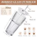 Iced Coffee Cups with Lids: Coffee Bar Accessories - Ribbed Glass Tumbler with Straw and Lid 4Pcs - 20oz Leak Proof Tumbler - Reusable Glass Cups and Tumblers with Lid and Straws for To Go Iced Coffee