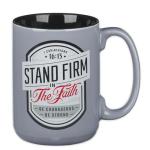 Christian Art Gifts Large Ceramic Inspirational Scripture Coffee & Tea Mug for Men & Women: Stand Firm Encouraging Bible Verse, Microwave & Dishwasher Safe Non-toxic Hot/Cold Cup, Gray & Black, 14 oz.