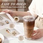 Iced Coffee Cups with Lids: Coffee Bar Accessories - Ribbed Glass Tumbler with Straw and Lid 4Pcs - 20oz Leak Proof Tumbler - Reusable Glass Cups and Tumblers with Lid and Straws for To Go Iced Coffee