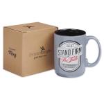 Christian Art Gifts Large Ceramic Inspirational Scripture Coffee & Tea Mug for Men & Women: Stand Firm Encouraging Bible Verse, Microwave & Dishwasher Safe Non-toxic Hot/Cold Cup, Gray & Black, 14 oz.