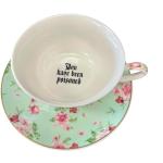 Three Black Cats Bone China Tea Cup and Saucer Set, "You've Been Poisoned- Bye", 8 Oz, Sea Foam Green and Pink Rose Pattern, Gold Trim