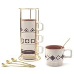MOCERAKAI Stackable Coffee Mug Sets of 4 with Rack Tea Cup Set with Spoon 11oz for Coffee, Tea, Cocoa, Cappuccino, Hot Chocolate Ceramic Espresso Cups with Coffee Cup Holder, theme of Geometric