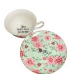 Three Black Cats Bone China Tea Cup and Saucer Set, "You've Been Poisoned- Bye", 8 Oz, Sea Foam Green and Pink Rose Pattern, Gold Trim