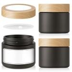 2 oz Matt Black Glass Jars with Lids, 3 Pack Small Glass Containers with Plastic Woodgrain Lids & Inner Liners, Empty Reusable Airtight Cosmetic Containers for Tea, Coffee, Creams, Lotion, Spice