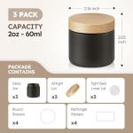 2 oz Matt Black Glass Jars with Lids, 3 Pack Small Glass Containers with Plastic Woodgrain Lids & Inner Liners, Empty Reusable Airtight Cosmetic Containers for Tea, Coffee, Creams, Lotion, Spice