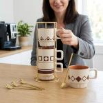 MOCERAKAI Stackable Coffee Mug Sets of 4 with Rack Tea Cup Set with Spoon 11oz for Coffee, Tea, Cocoa, Cappuccino, Hot Chocolate Ceramic Espresso Cups with Coffee Cup Holder, theme of Geometric