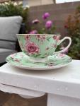 Three Black Cats Bone China Tea Cup and Saucer Set, "You've Been Poisoned- Bye", 8 Oz, Sea Foam Green and Pink Rose Pattern, Gold Trim
