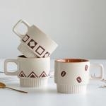 MOCERAKAI Stackable Coffee Mug Sets of 4 with Rack Tea Cup Set with Spoon 11oz for Coffee, Tea, Cocoa, Cappuccino, Hot Chocolate Ceramic Espresso Cups with Coffee Cup Holder, theme of Geometric