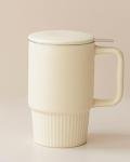 Ceramic Tea Mug with Stainless Steel Infuser and Lid, Ribbed Loose Leaf Tea Cup, Comfort-Grip Curved Handle, Minimalist Aesthetic Coffee Mug for Home Office, 20oz (Matte Buttercream)