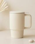 Ceramic Tea Mug with Stainless Steel Infuser and Lid, Ribbed Loose Leaf Tea Cup, Comfort-Grip Curved Handle, Minimalist Aesthetic Coffee Mug for Home Office, 20oz (Matte Buttercream)