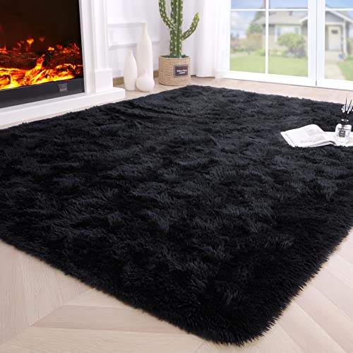Soft Black Shaggy Rug for Bedroom Decor