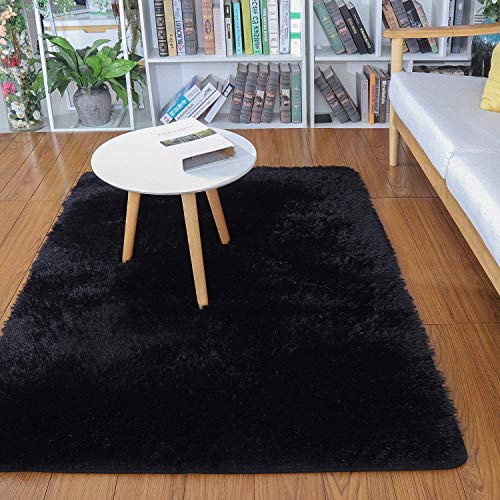 Modern Black Shaggy Area Rug for Bedroom Decor