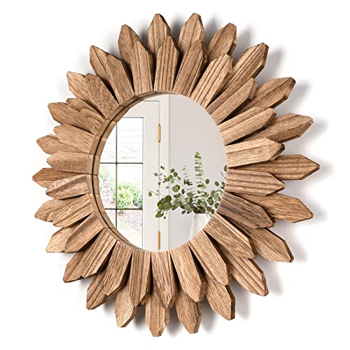 Rustic 12-Inch Sunburst Wood Wall Mirror