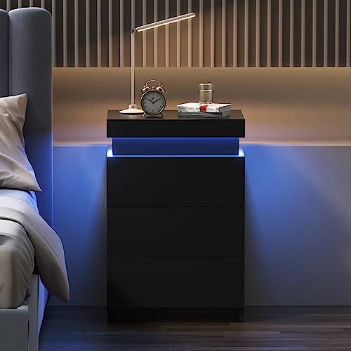 Modern Black Nightstand with LED Light and Storage