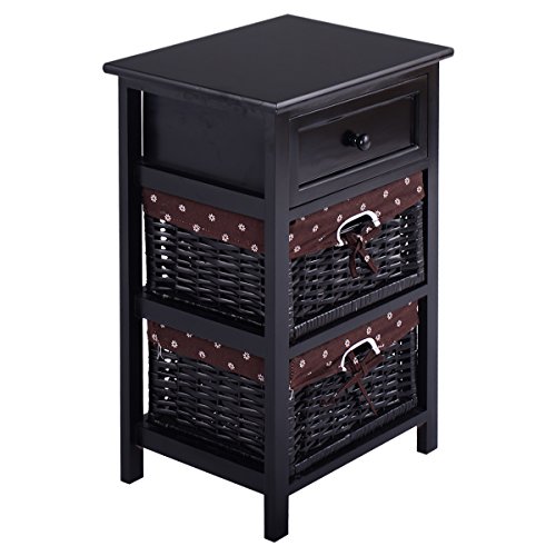 Elegant Black Wooden Nightstand with Baskets and Drawer