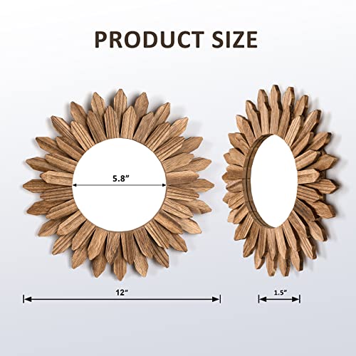Rustic 12-Inch Sunburst Wood Wall Mirror