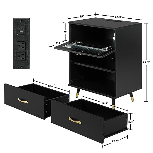 Modern Black USB Nightstand with 3 Drawers
